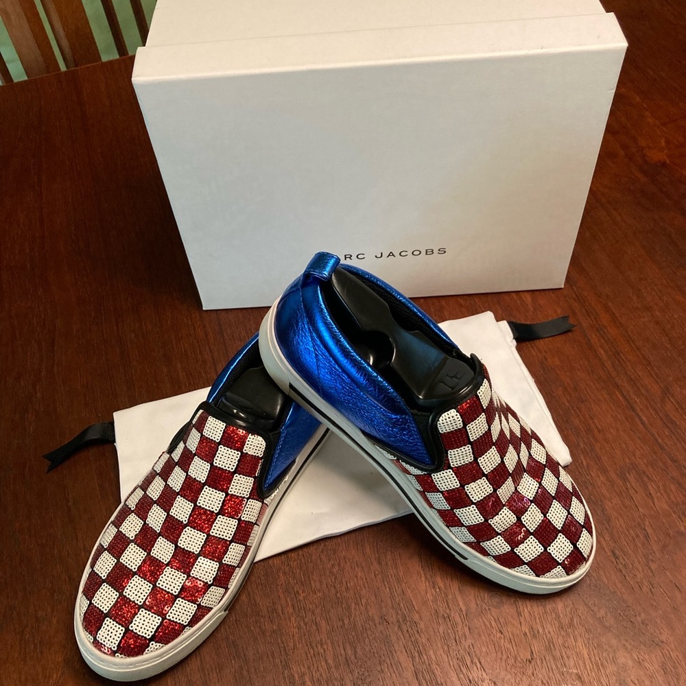 Marc Jacobs Mercer Leather Sequin slip on Skate Sneaker Red white & Blue!!!